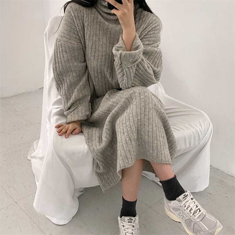 

Syiwidii Ribbed Knitted Midi Dresse Autumn Winter Pullovers Long Sleeve A Line Korean Turtleneck Sweater Dress 211110, Khaki