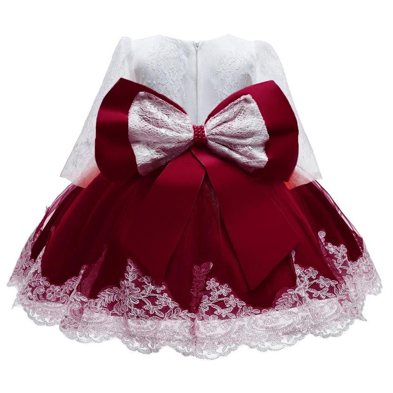 

Girl's Dresses Dark Red Baby Dress For Autumn Long Sleeve Lace Big Bow Infant Clothes Girl Year Girls Clothing Flower 0-2T, Red;yellow