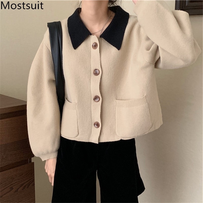 

Korean Vintage Color-blocked Knitted Women Jacket Coat Spring Autumn Single-breasted Pockets Fashion Ladies Tops Coats Femme 210518, Blue