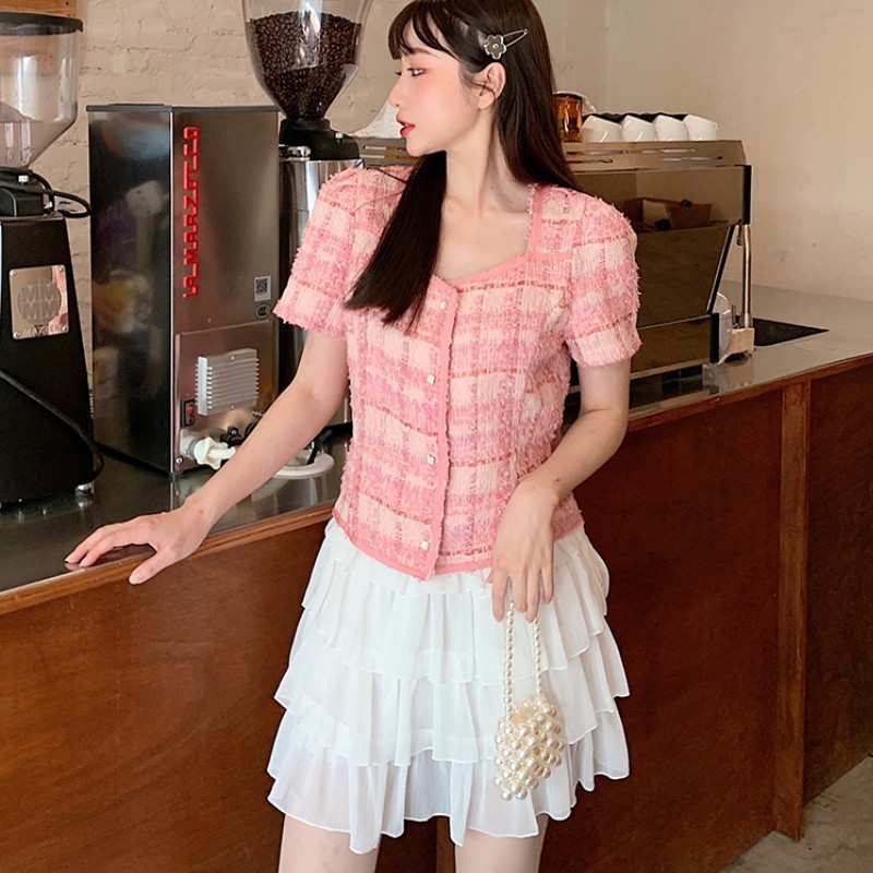 

Sweet Fashion Two Piece Set Women's Pink Plaid Tweed Short Sleeve Chic Tops + Ruffles Chiffon Mini Skirts Outfits Female 210518