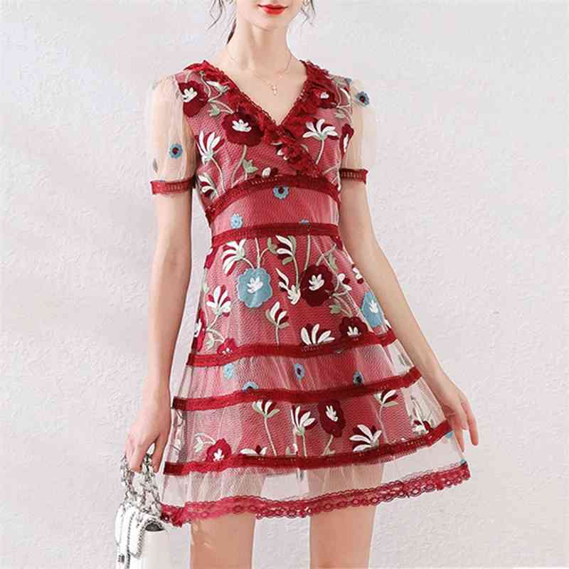 

High-End Flower Embroidery Lace Mesh Dress Summer Women Puff Sleeve Party Mini Vestidos 210520, Photo color