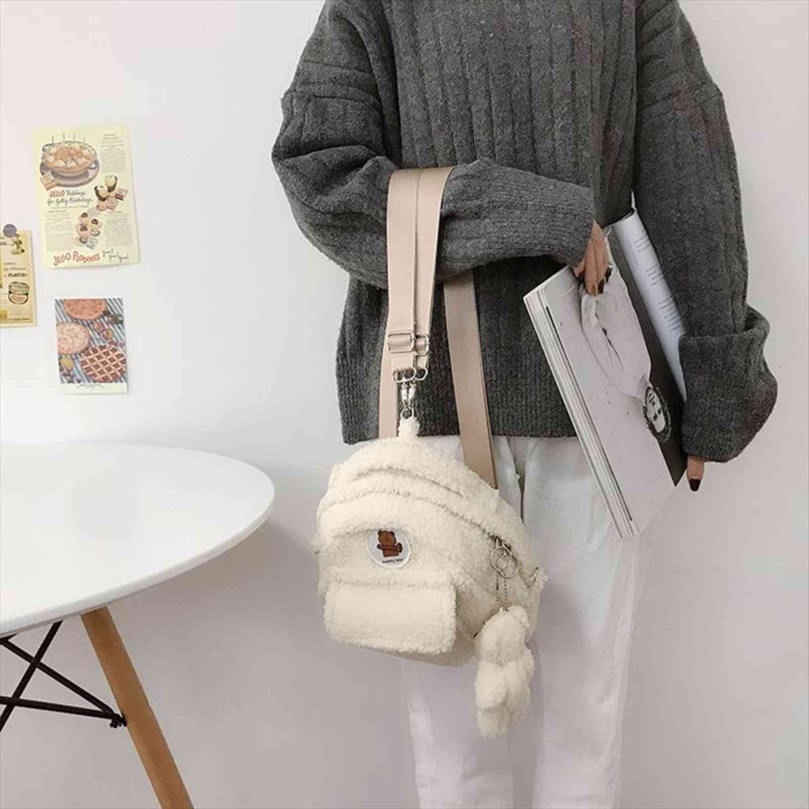 

women mini backpack female lamb like fabric shoulder bag ladies cute kawaii small travel bags plush purse for teenage