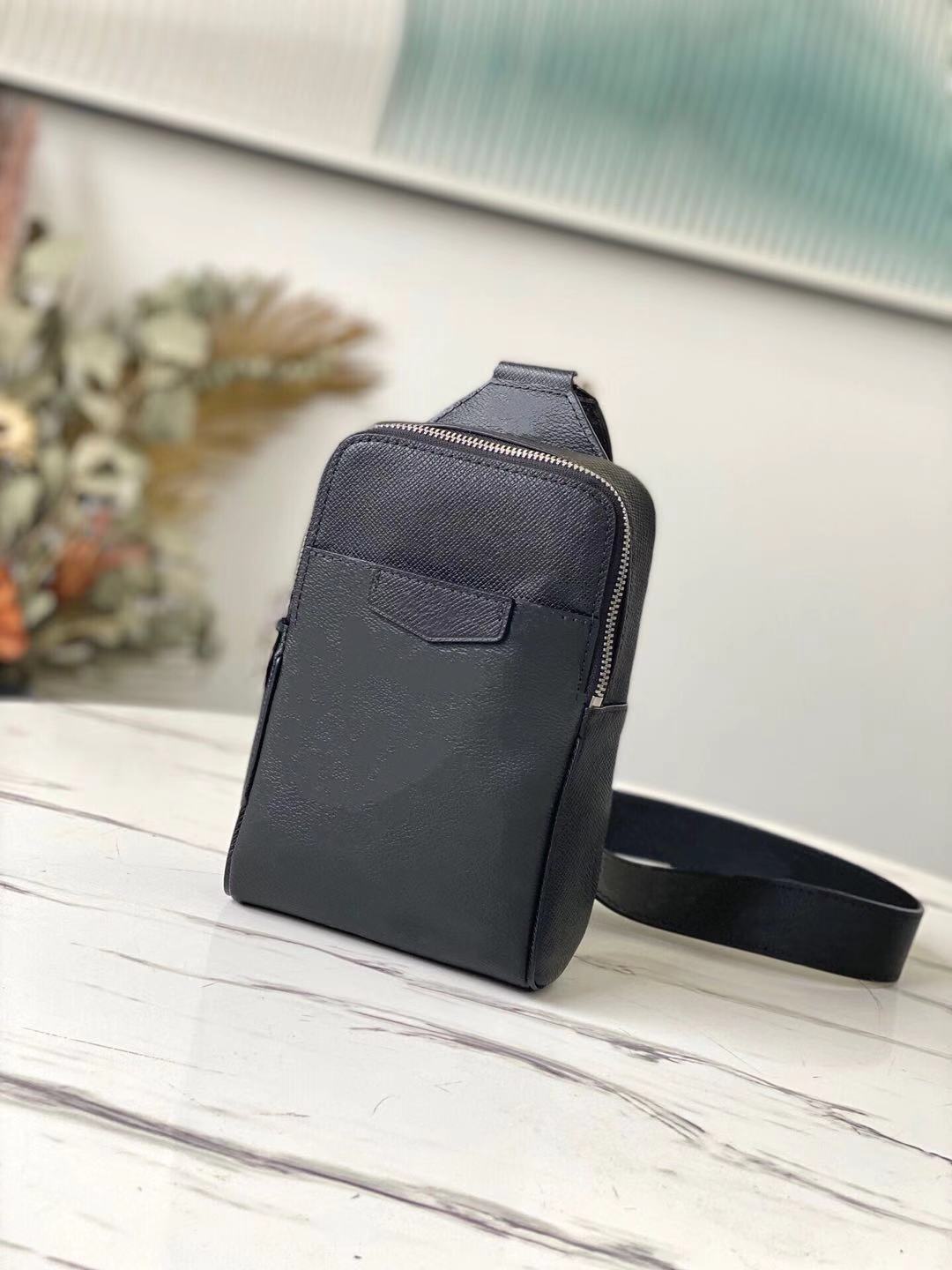 

Men's classic coated canvas outdoor shoulder bag with cowhide trim hook adjustable shoulders strap for easy carrying Boys Fashion Chest Package, Black flower