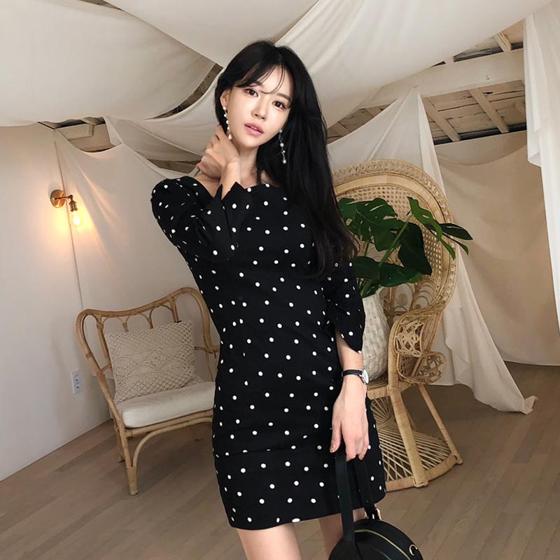 

Casual Dresses COIGARSAM Polka Dot Women Dress Square Collar Black 1807