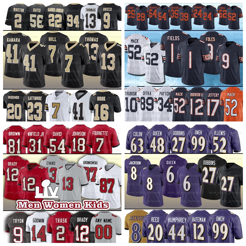 

Custom Men Youth Football Jersey Buccaneers 12 Tom Brady 22 McCAFFREY Saint 9 Brees 17 ADAMS 11 Jones Golladay Bears 52 Mack 45 White Stafford Ravens Stitched Jerseys, As photo