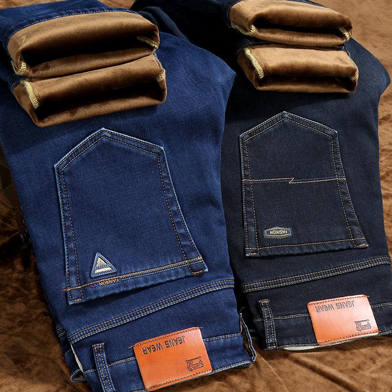 

Men's Jeans 2021 Winter Brand Classic Jacquard Fleece Thick Warm Fit Straight Pants Men Business Casual Slim Dark Blue Black, Black fleece