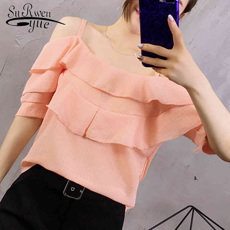 

fashion women clothing short sleeve blouses solid sexy lady style ruffles sweet chiffon blouse shirt tops 0582 40 210521, Pink