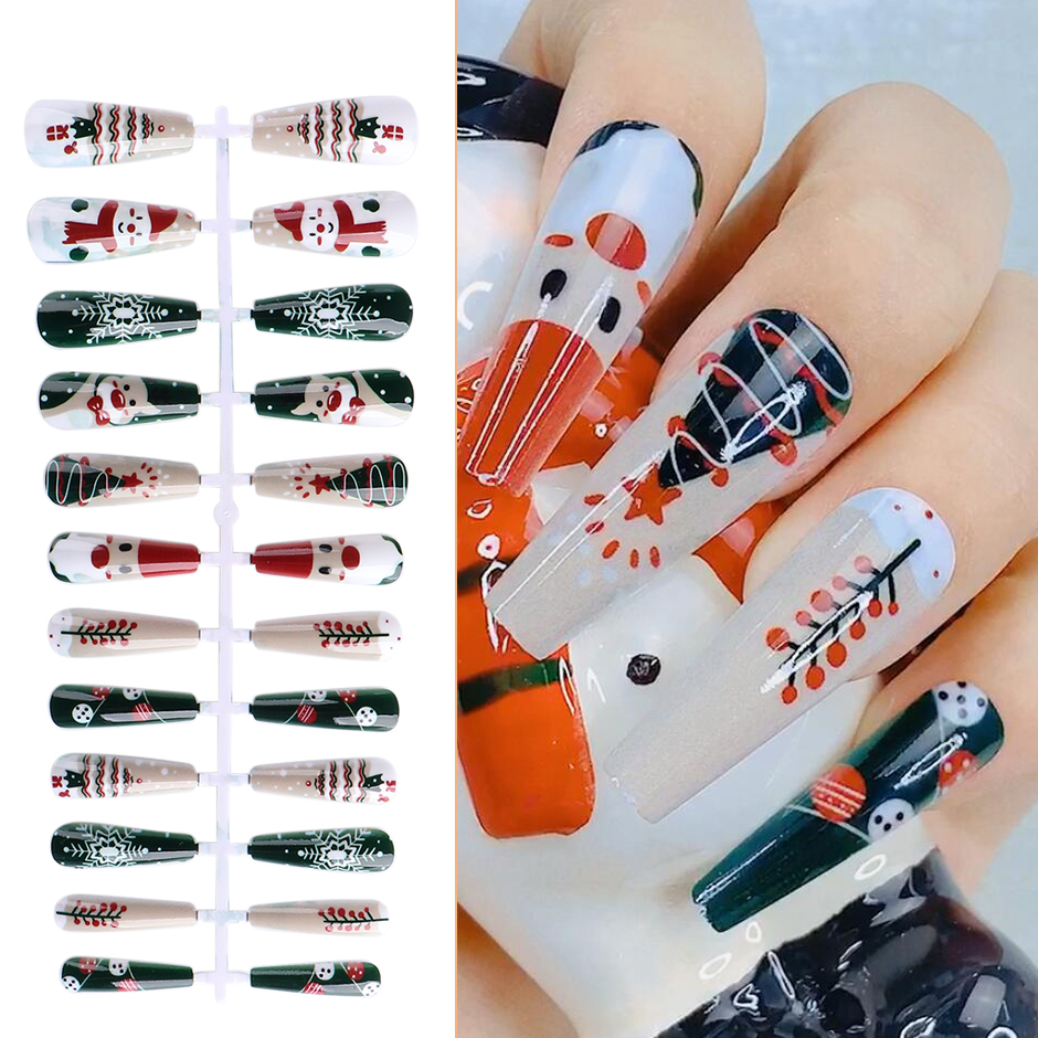

24pcs/set False Nail With Design Christmas Halloween Snowflake Long Ballerina Coffin Fake Nails Full Cover Tips Set with Glue CH1934, As the picture show