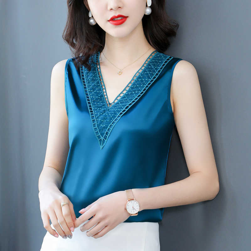 

Women Tops Korean Woman Satin Blouses Tops Silk Sleeveless Silk Blouse Elastic Shirts Sexy Woman Satin V-neck Shirt Champagne 210604