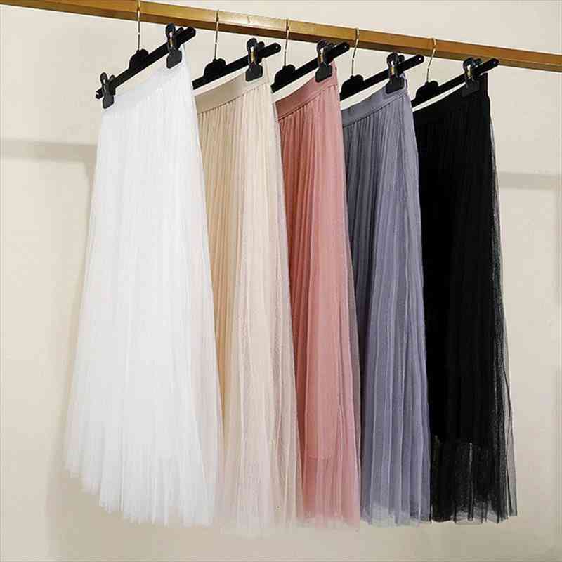 

korean women tulle skirt fashion mesh white a line ladies pleated skirt summer chic high waist black party faldas