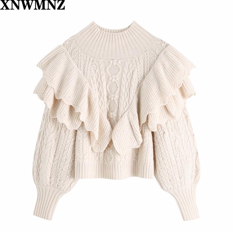 

Women Fashion Ruffled Cropped Knitted Sweater Vintage High Neck Lantern Sleeve Female Pullovers Chic Tops 210520, Picture color