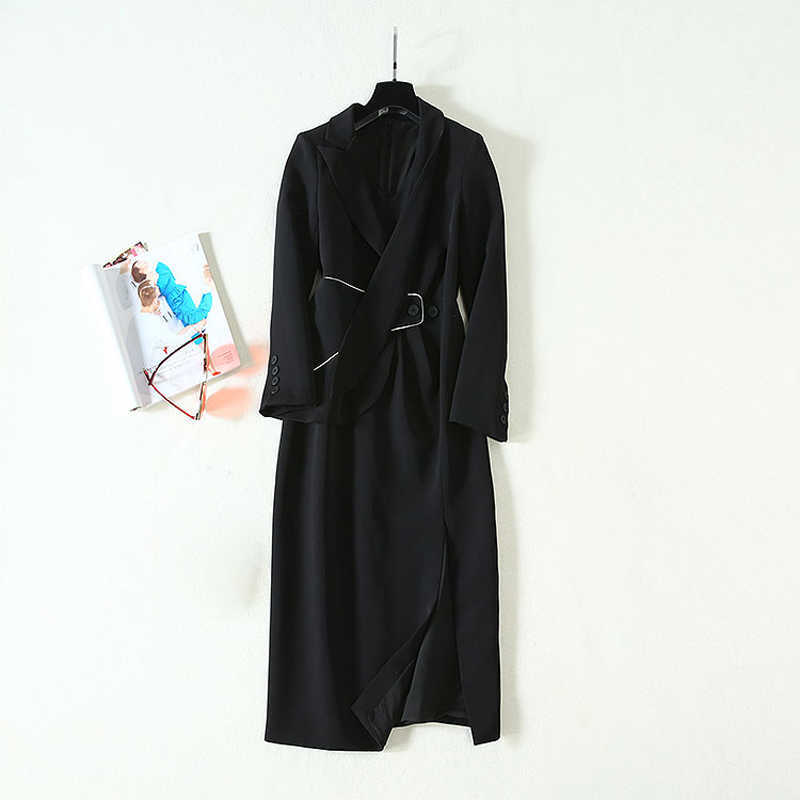 

HIGH QUALITY Autumn Winter Designer Women' Elegant Turn-Down Collar Long Sleeve Split Mid-Calf Dress 210526, Blue