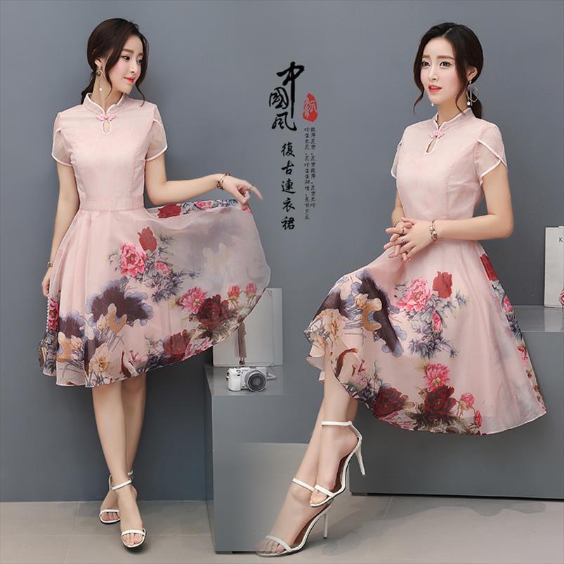 

improved cheongsam organza printed womens dress party spring summer short sleeve swing a line waist women floral colthes, Black;gray