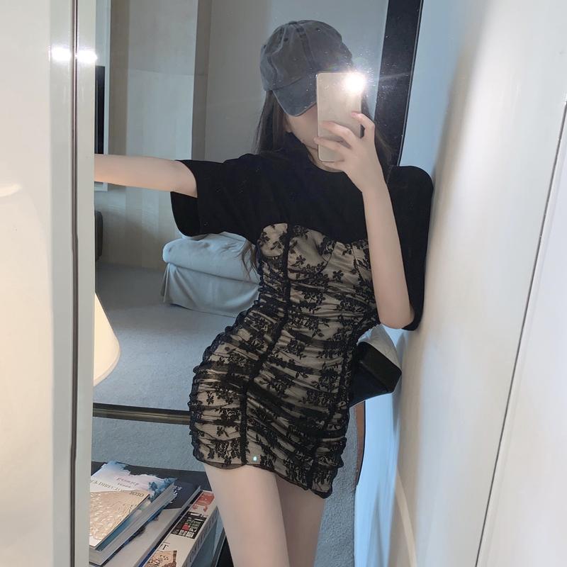 

Casual Dresses 2style O Neck Short Sleeve Black Mesh Lace Tshirts Dress Women Mini Sexy Patchwork Summer Wrap Hip Temperament Vestido De Muj, Black;gray