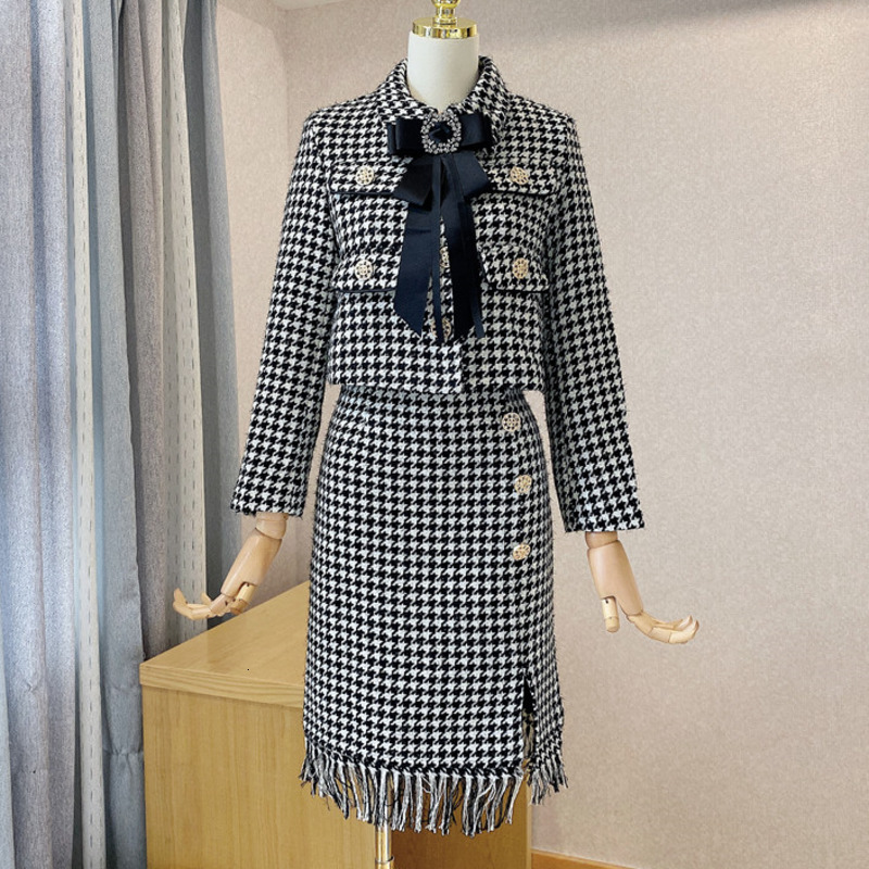 

skirt Quality Winter Houndstooth 2 Set Women Beading Bowknot Tweed Short Jacket Coat + High Waist Two Piece Outfits GJL1, Black