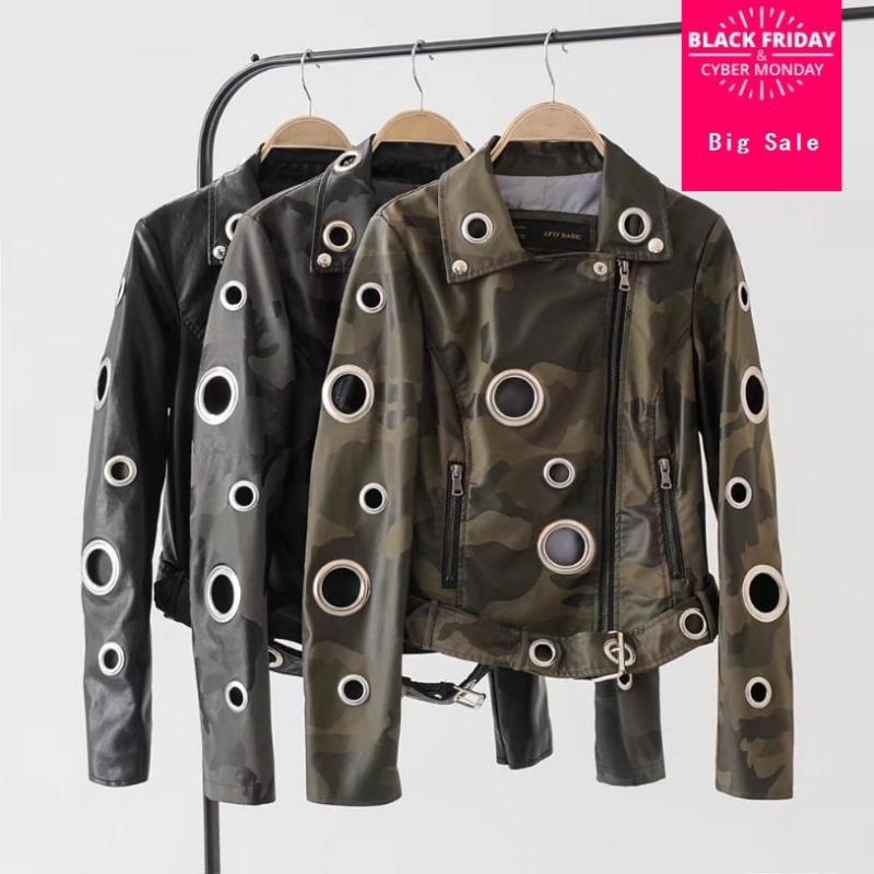 

Autumn Fashion Camouflage Army Green Rivet PU Leather Jacket Women Metal Circle Hollow Out Moto Coat Punk OutwearL1075 Women' & Faux, Black
