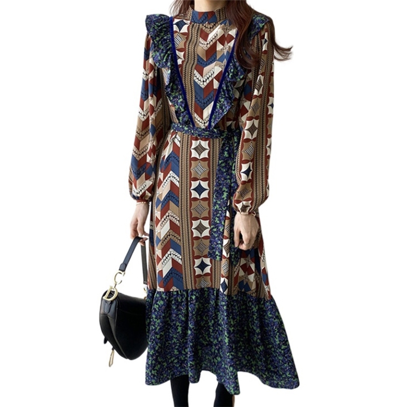 

Fashion women's dress retro pattern printing strap stitching fungus long summer es for women 210520, Brown