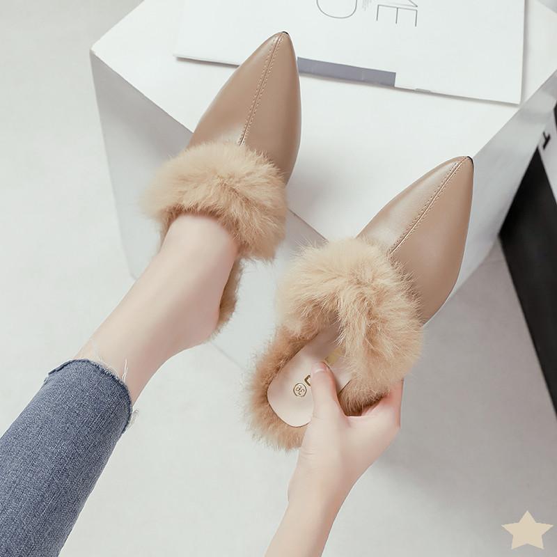 

Slippers 2021 Spring Thick-heeled Pointed Fashion Hairy Wear Lazy Mueller Baotou Half Children, Black