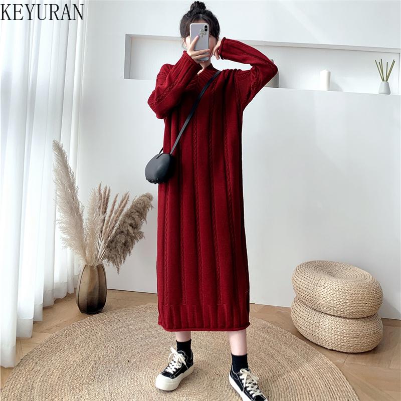 

Casual Dresses Knitted Long Sweater Dress Women 2021 Autumn Winter Solid V-neck Loose Straight Sleeve Maxi Female Black Red