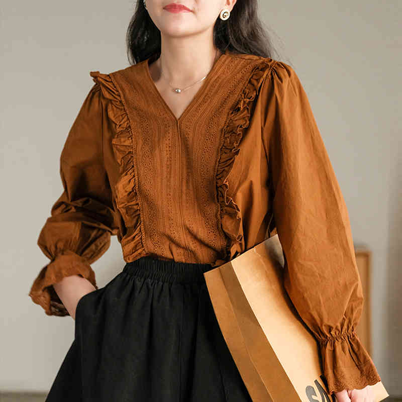 

Johnature Vintage Ruffles Women Shirts V-neck Full Puff Sleeve Summer Blouses Lace Loose 3 Colors Solid Colors Casual Tops 210521, Black