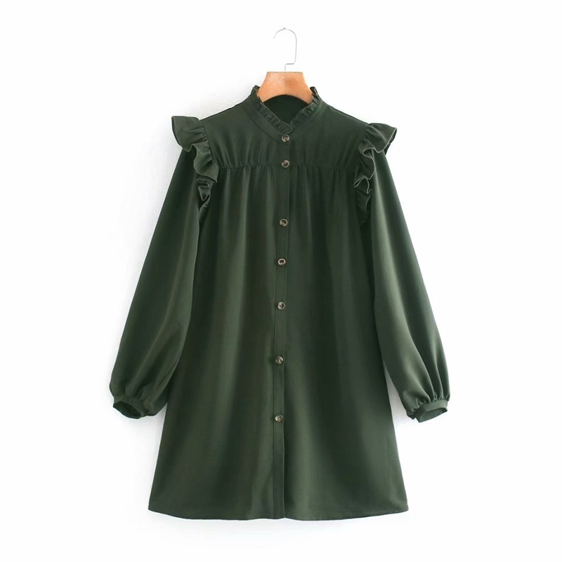 

Fashion Loose Office Lady Straight Dress Stand Collar Ruffles Long Sleeves Spring Elegant Party Mini Women NX9834 210525, Green