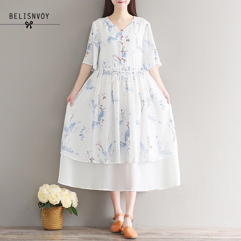 

Mori Girl Summer Vintage Floral Printed Dresses For Women Japanese Elegant Boho Sweet Chiffon Midi Vestidos 210520, White