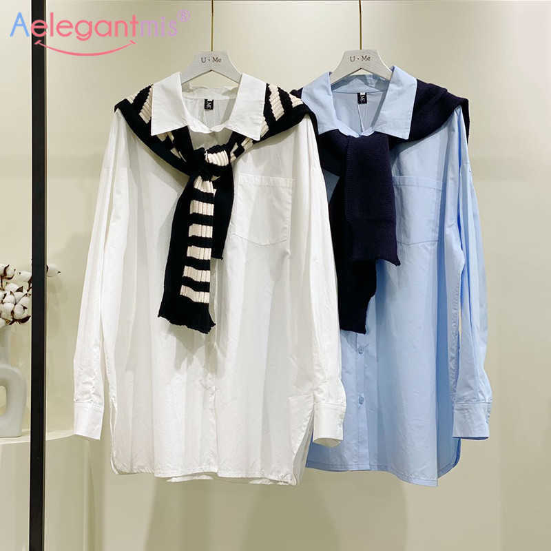 

Aelegantmis Solid Women Blouse Wraps Two-piece Set Female White Turn-down Collar Loose Long Blouses Ladies Casual Shirt Tops 210607, Blue