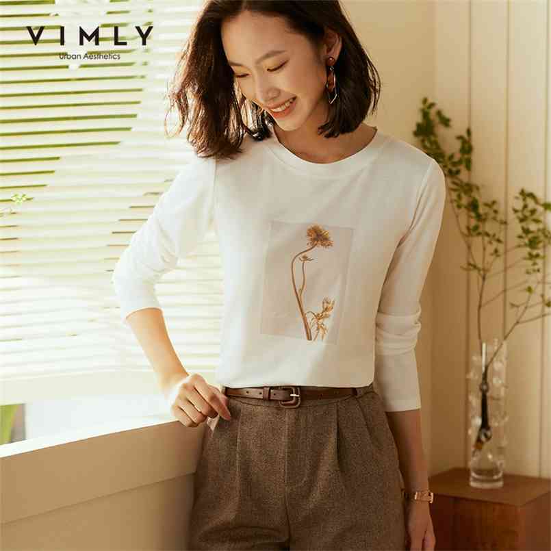 

Vimly Long Sleeve Tshirts For Women Fashion O Neck Print Cotton Tops Harajuku Autumn Pullover Korean Female Casual Tshirt F5798 210708, White