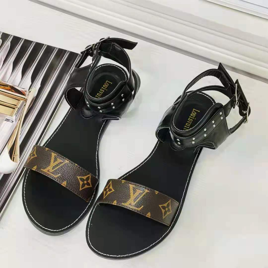 

RF-89 Women Sandals Shoes Summer Fashion Flat Slipper Flip Flop new LV LOUIS SHOES VITTON, Black