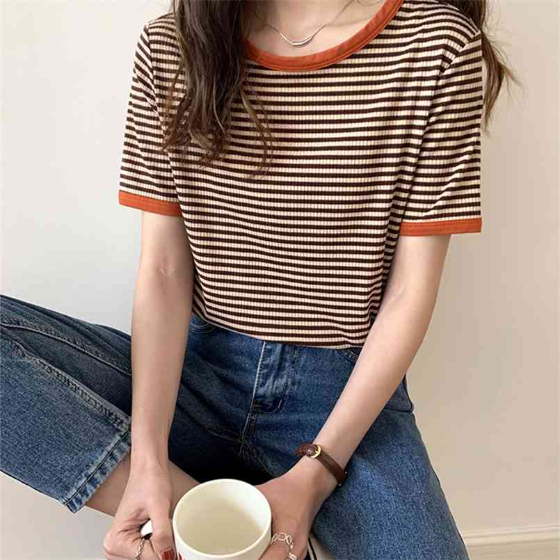 

T Shirts Women Korean Summer Vintage Patchwork Striped Soft Knit Simple Top Slim Thin Casual Short Sleeve O Neck Tee Shirt 210708, Black