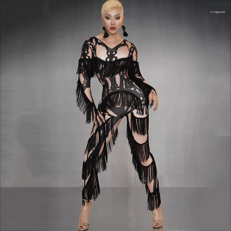 

Stage Wear Sexy Female Nightclub Pole Dance Clothing Bar Party Singer Costume Sparkly Crystals Tassel Skinny Bodysuit Lady Clothes DT25601, As picture