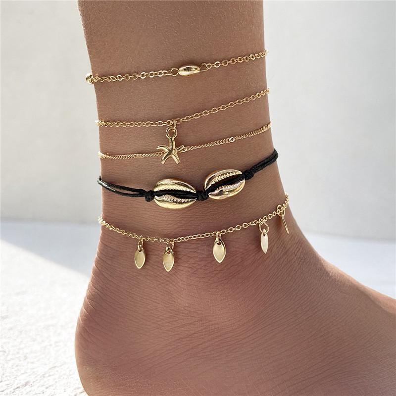 

Anklets Boho Gold Color Shell Coin Anklet Set For Women Black Braided Rope Charms Beaded Foot Chain Jewelry, Red;blue