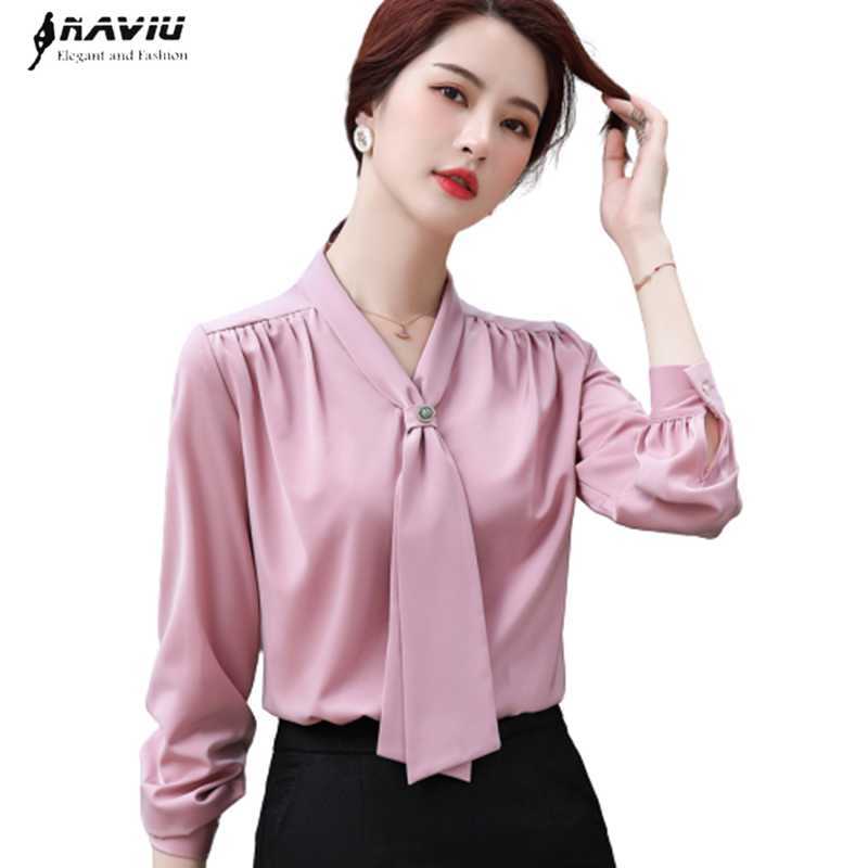 

Pink Chiffon Shirt Women Autumn Fashion Ribbon V Neck Long Sleeve Professional Blouses Office Ladies Temperament Casual Top 210604, Light green