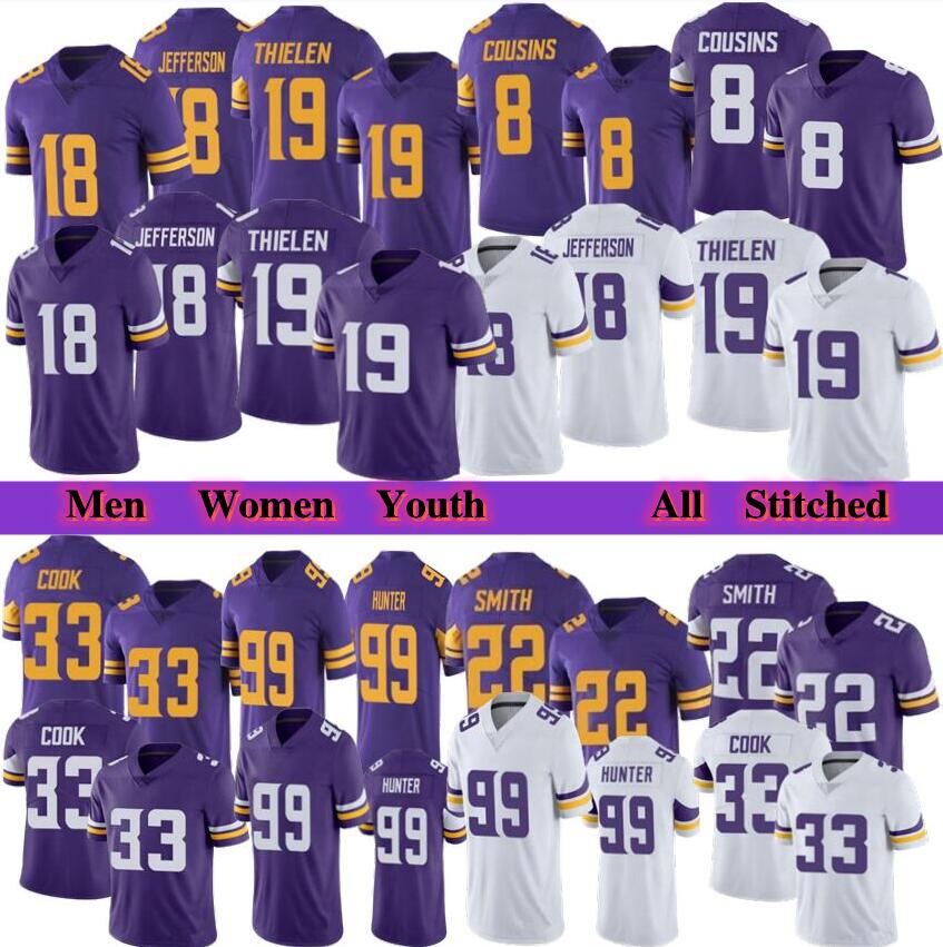 

Men women youth football 18 Justin Jefferson 33 Dalvin Cook 19 Adam Thielen Kirk Cousins Harrison Smith Danielle Hunter stitched Jersey, As