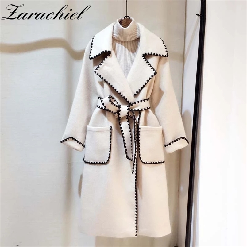 

Autumn Winter Fashion Wavy Side Embroidery Long Jacket Coat Women Notched Full Sleeve Thick Pocket Sashes Woolen Outerwear 211110, Beige