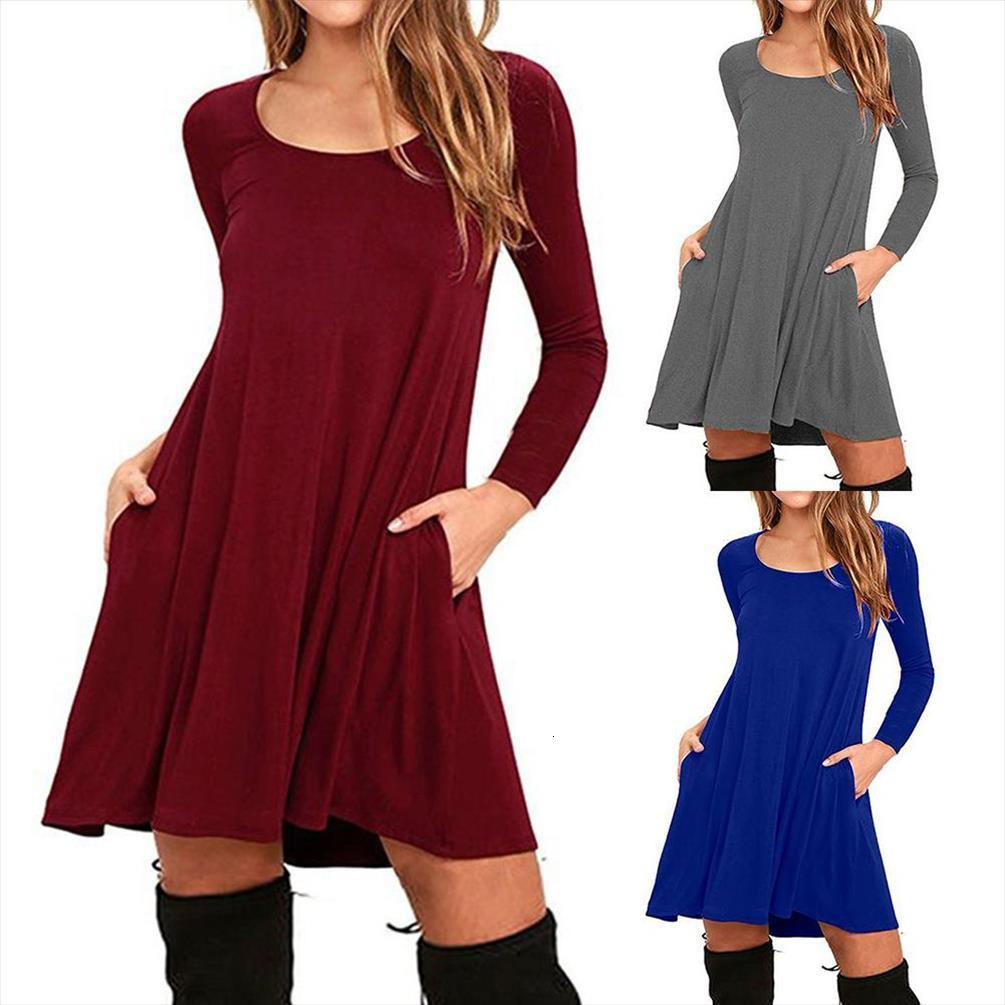 

casual solid color loose womens dress o neck long sleeve pockets large swing mini valentines day present female, Black;gray