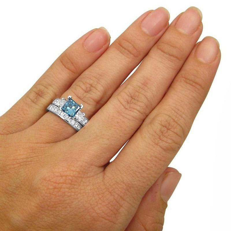 

Cluster Rings Wedding Set Of For Women Luxury Silver Color + Blue Zircon Jewelry Engagement Gift Accessories Wholesale KBR356, Golden;silver