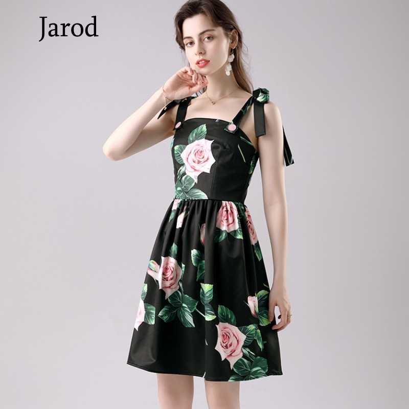 

Fashion Runway Designer dress Summer Women's Rose Floral Print Black Bow Spaghetti straps Vacation Mini Dresses 210526, Photo color