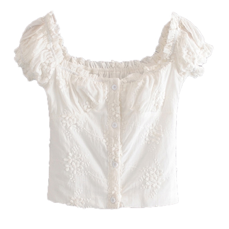

Off Shoulder Puff Sleeve T-shirt Women Elegant Fashion Summer Sexy Office Lady Casual Lace Neckline 210524, As the photo