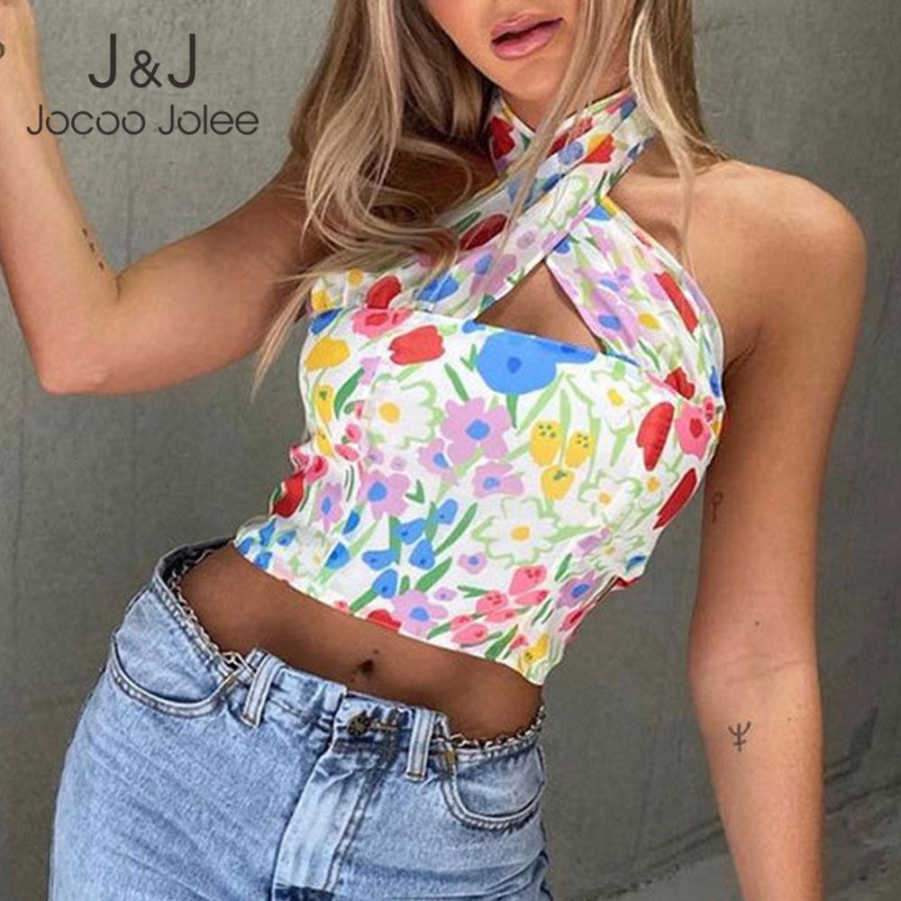 

Jocoo Jolee Women Summer Off Shoulder Sexy Y2K Halter Printing Hollow Holiday Style Beach Tank Top Vintage Party Backless 210518, White