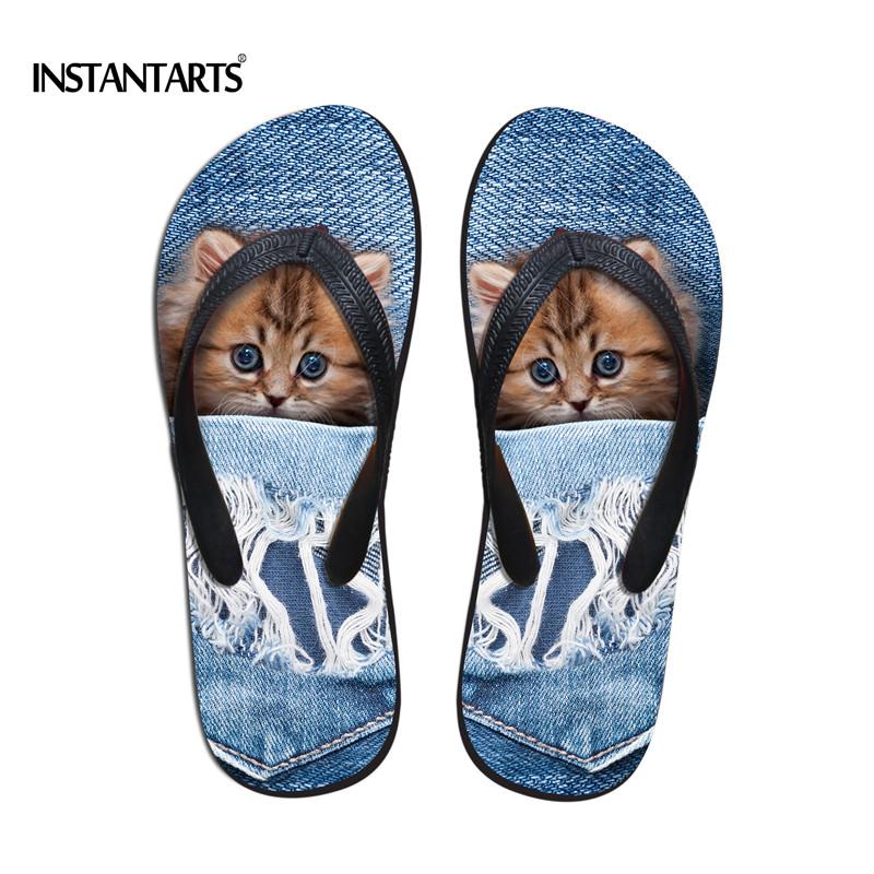 

Slippers INSTANTARTS Cute Animal Cat Flip Flops For Women Summer Beach Female Non-slip Flipflops 3D Blue Denim Pocket Print Home, Black
