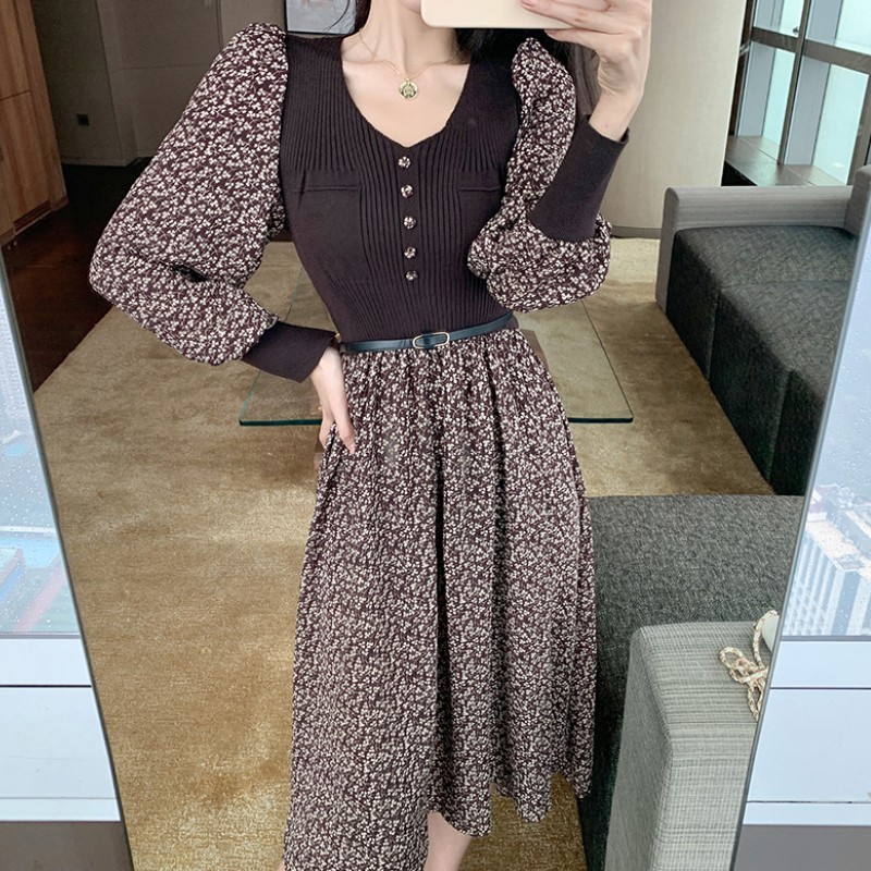 

Elegant Knitted Patchwork Midi Dress Autumn Winter Women Long Sleeve Retro Printing Casual Slim Dress 210518, Picture color