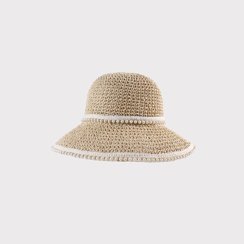 

Wide Brim Hats 2021 Solid Color Pearl Handmade Straw Hat Foldable Sun Outdoor Travel For Girl And Women 02, Khaki