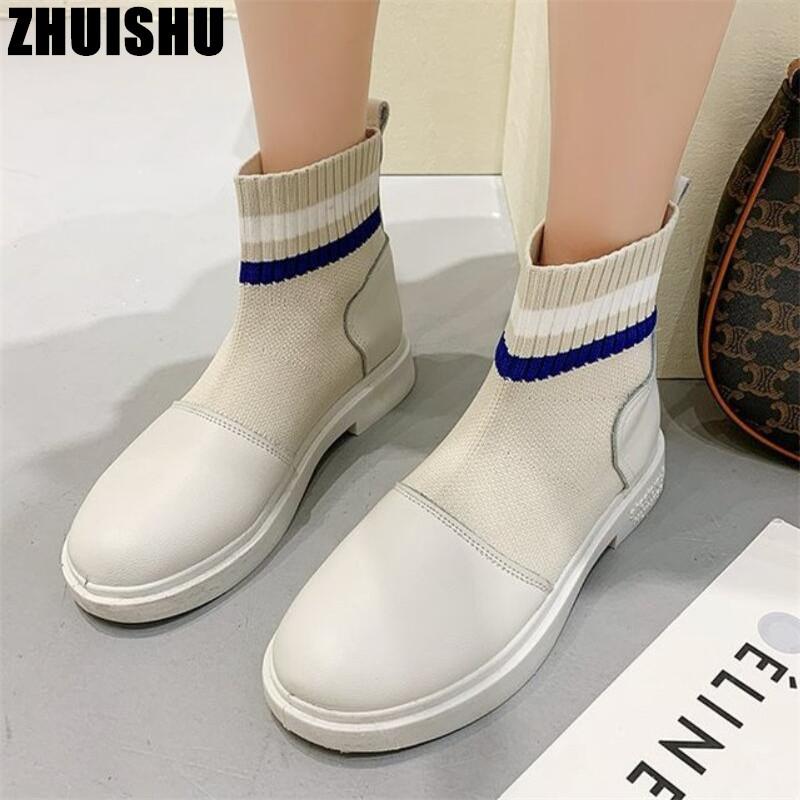 

Spring Autumn Women Boots Ladies PU Leather Stretch Fabric Comfortable Femmes Fashion Non-slip Slip-on Platform Shoes, Black