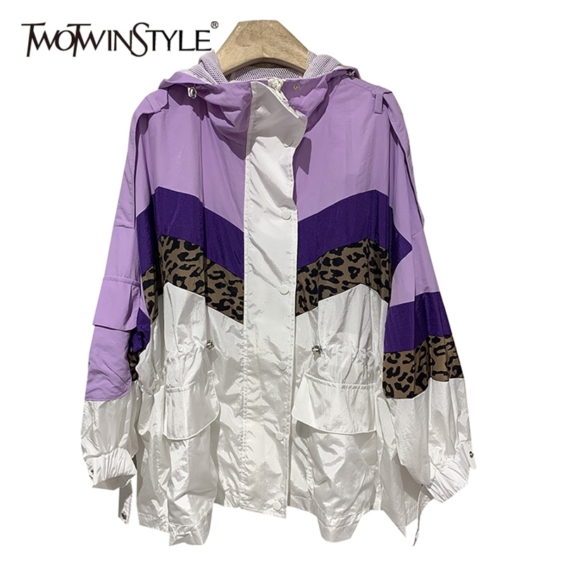 

Hit Color Patchwork Coat For Women Stand Collar Long Sleeve Hooded Sun Protection Jacket Female Spring Fashion 210524, Purple