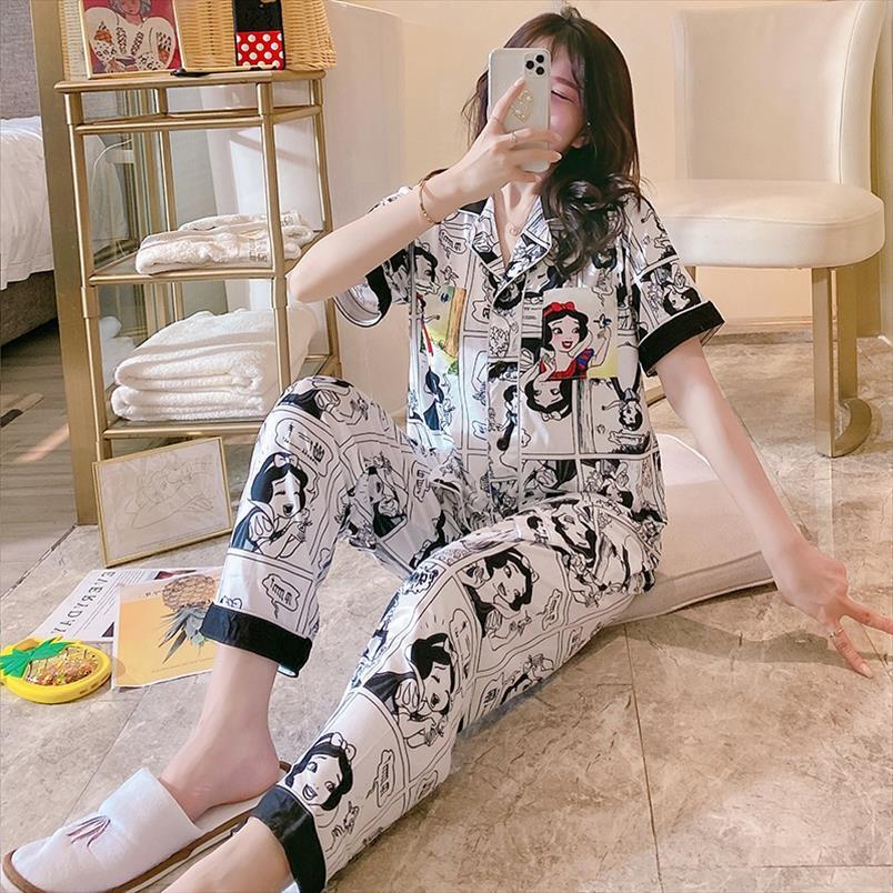 

summer autumn comic print women sleepwear short sleeve long pants pajama sets for suit pyjama homewear pijama mujer clothes, Black;red