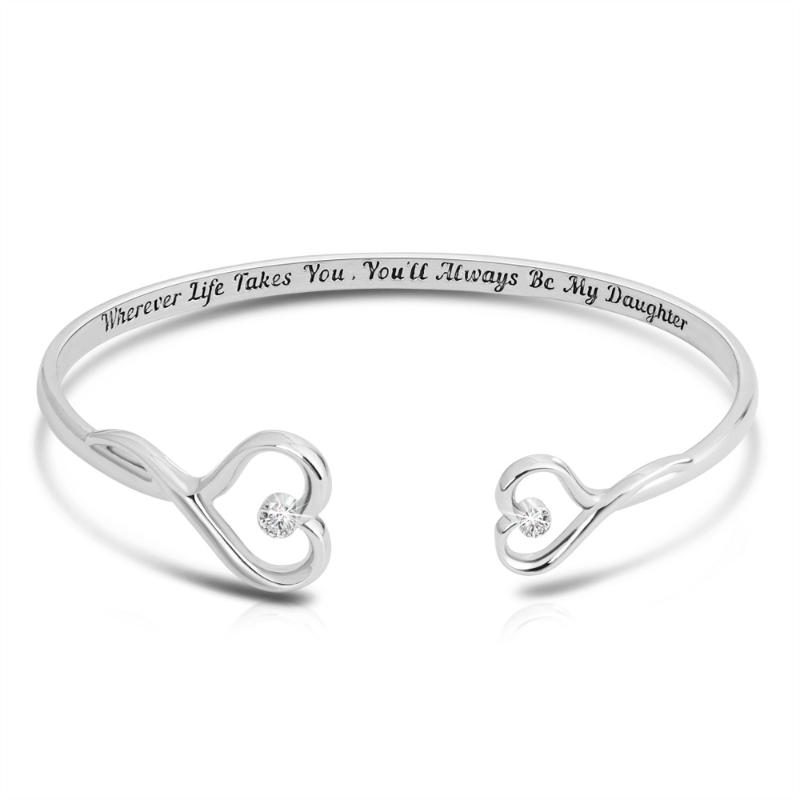 

European And American Fashion Simple Stainless Steel Corrosion Lettering Both Ends Diamond Hollow Peach Heart Bracelet Bangle