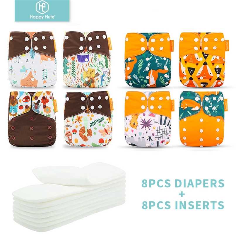 HappyFlute 8 diapers+8 Inserts Baby Cloth Diapers One Size Adjustable Washable Reusable Cloth Nappy For Baby Girls and Boys 211028-image-735828402