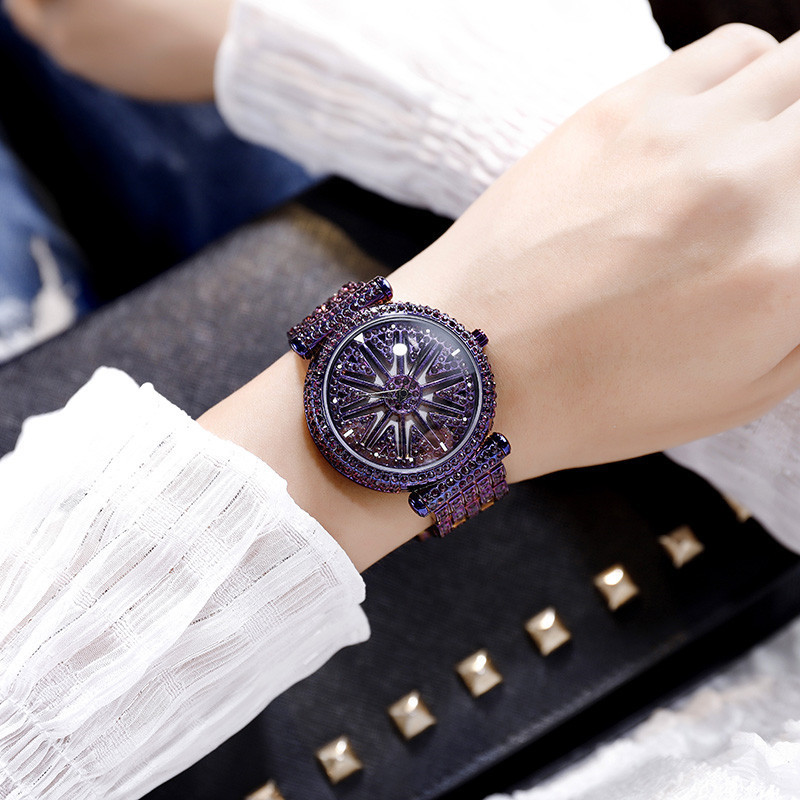 

watch women's rotating fashion trend hollow diamond waterproof women's watch, Blue