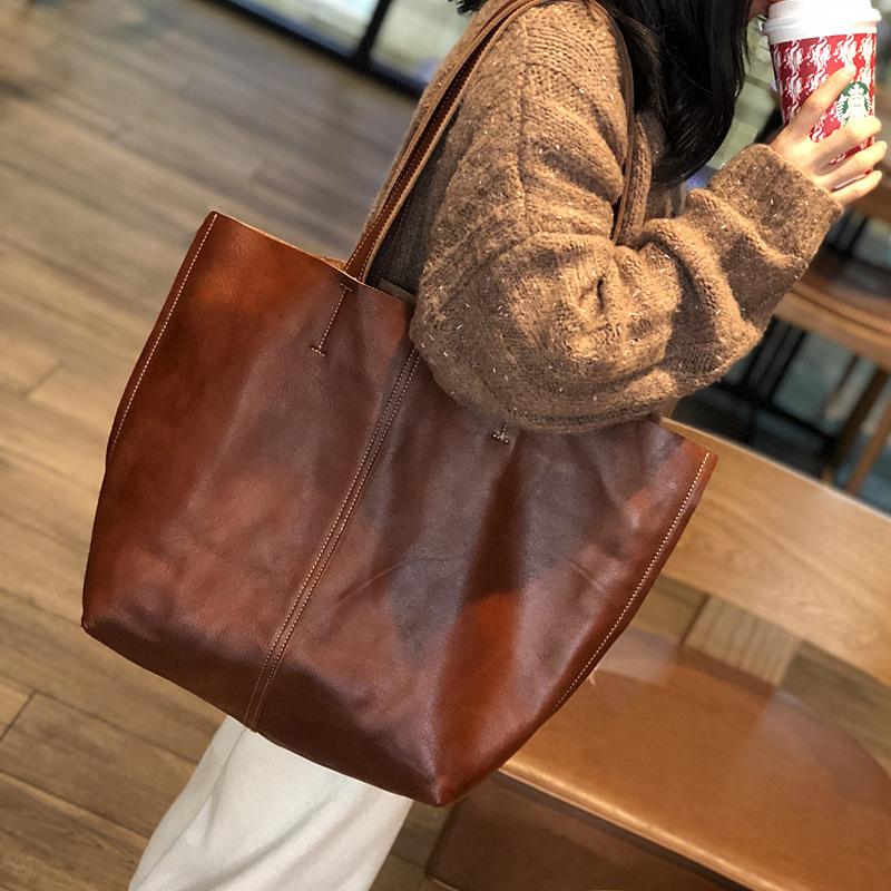 

Women Bag Vegetable Tanning Leather Handbags Luxury Lady Hand Bags With Purse Pocket Messenger Big Tote Sac Totes, Brown